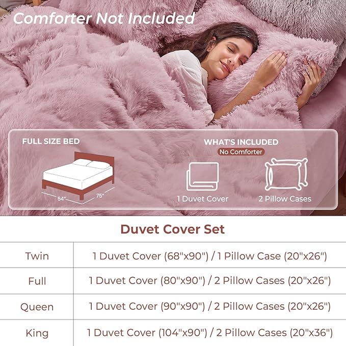 Sasttie 3-Piece Fluffy Duvet Cover Full, Ultra Soft Faux Fur and Velvet Dusty Rose Comforter Cover, Luxury Fuzzy Bedding Sets for Winter Bed, Includes 1 Duvet Cover and 2 Pillowcases, No Comforter
