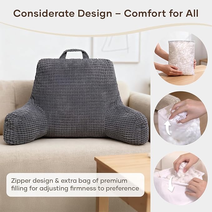 NOONTIDE Reading Pillow with Top Handle,Uniquely Designed Soft Fabric, Ergonomic Back Support for Bed,Cover Washable Sit up Pillow,Watching TV/Gaming/Relaxing(Grey)
