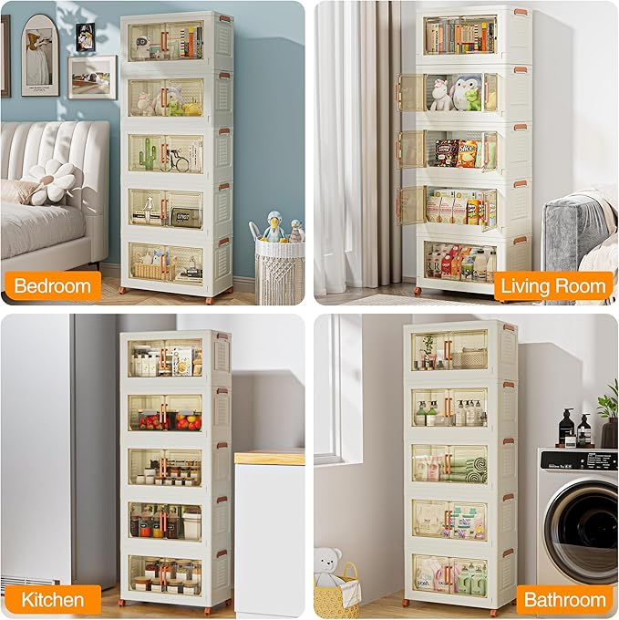 VECELO 300 QT Stackable Storage Bins with Wheels, Magnetic Dual Opening Doors & Transparent Panels, Plastic Foldable Storage Containers for Living Room, Bedroom, Kitchen, Office