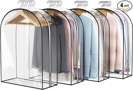 Clear Garment Bag for Hanging Clothes 10” Gusseted, 32” Suit Bags for Open Closet Storage Plastic Clothes Cover for Coat, Dress, Shirts, Fur, Jacket, Wardrobe Protectors, 4 Pack