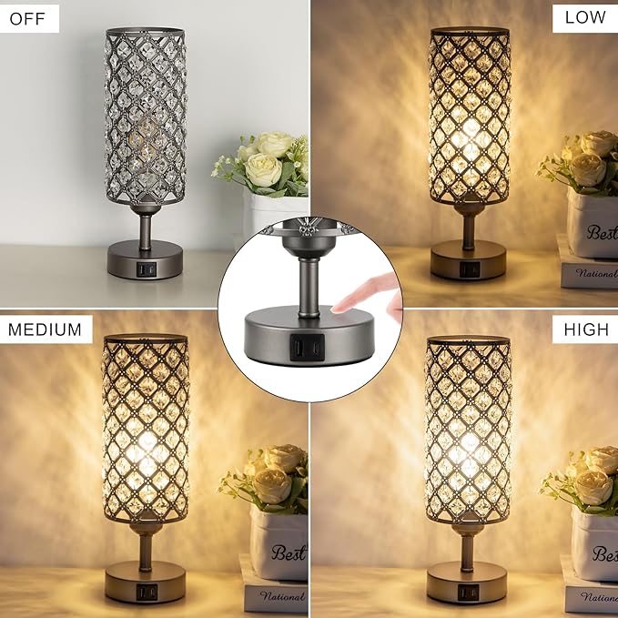 Hong-in Gray Crystal Table Lamp - 3-Way Dimmable Touch Control, Bedside Lamp with USB C and A Ports, Nightstand Light for Living Room, Bedroom, Home Office (Bulb Included)