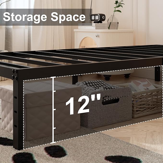 Cal King Bed Frame with White Fabric Cover, 14 Inch Heavy Duty Metal Platform Support Up to 3000 lbs with Steel Slats, No Box Spring Needed, Easy Assembly, Noise Free, Black