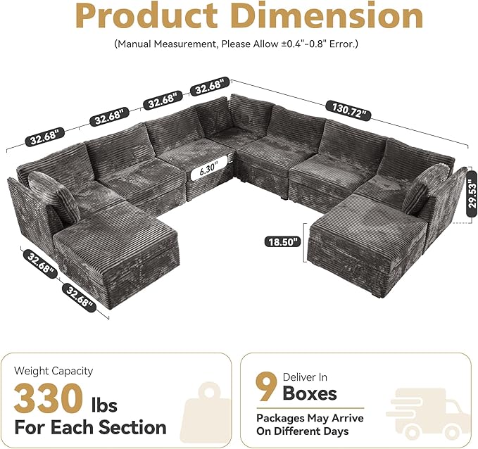 Large 9 Seat Modular Sectional Sofa with Ottoman Seat Corduroy Sleeper Sectional Sofa Bed Oversized Convertible Modular Couch for Living Room