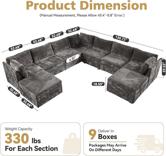 Large 9 Seat Modular Sectional Sofa with Ottoman Seat Corduroy Sleeper Sectional Sofa Bed Oversized Convertible Modular Couch for Living Room