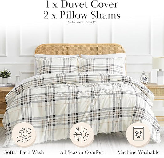 Southshore Fine Living, Inc. Oversized California King/King Duvet Cover Set – Hotel Quality, Easy Care, Fade-Resistant Bedding – Includes 1 Duvet Cover and 2 Pillow Shams, Vilano Plaid Tofu