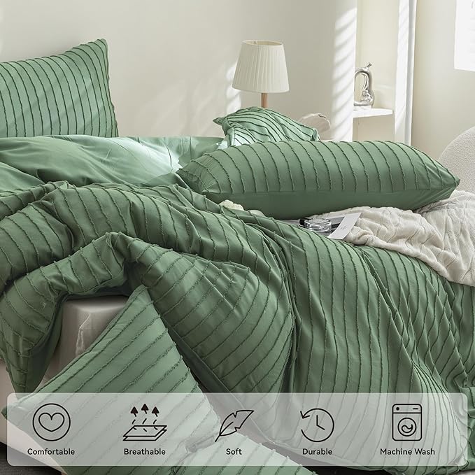JELLYMONI Duvet Cover King Size Green - 3PCS Boho Striped Duvet Cover Set Polyester Tufted Bohemian Textured Comforter Cover 104×90in with Corner Ties & Zipper and 2 Pillowcases