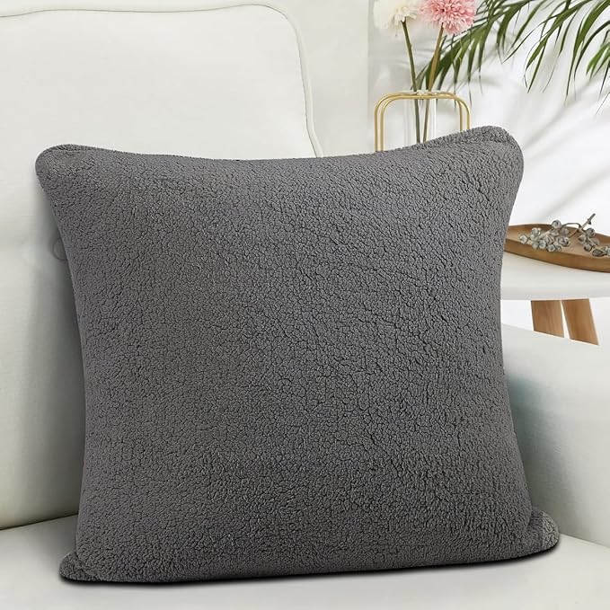 Reafort Ultra Soft Sherpa Euro Sham Pillow Case 26"x26" Replacement with Zipper Closure (Charcoal Grey, 26"x26" Euro Sham)