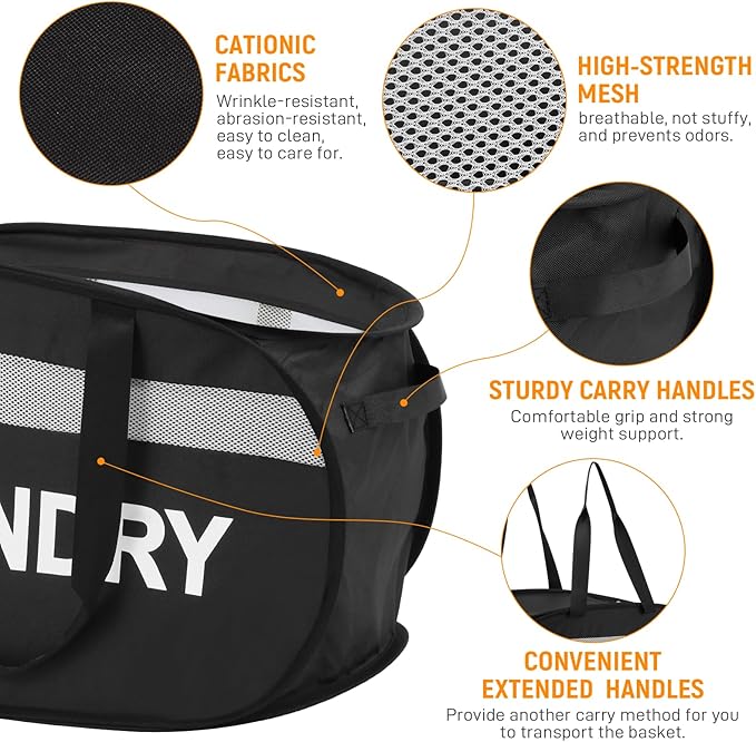 Collapsible Laundry Baskets, Tear-proof Dirty Clothes Hampers for Laundry, Foldable Laundry Basket with Dual Handles, Easy to Carry Pop Up Hamper for Bedroom, Bathroom, Dorm, Laundry Room Black