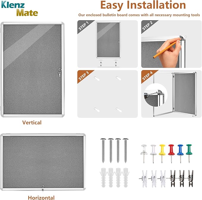 36"x24" Enclosed Bulletin Board Tamper-Proof Dispaly Case,Grey Fabric&Aluminium Frame,Shatter Resistant Lockable Bulletin Board with Clear Acrylic Door for School,Office,Mall,Community,Hospital,Church