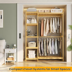 Homykic Bamboo Clothes Rack Garment Rack for Hanging Clothes, Heavy Duty Clothing Rack with 7 Tiers Adjustable Shelves, Double Rods, 4 Hooks, Freestanding Closet System Organizer Wardrobe, Natural