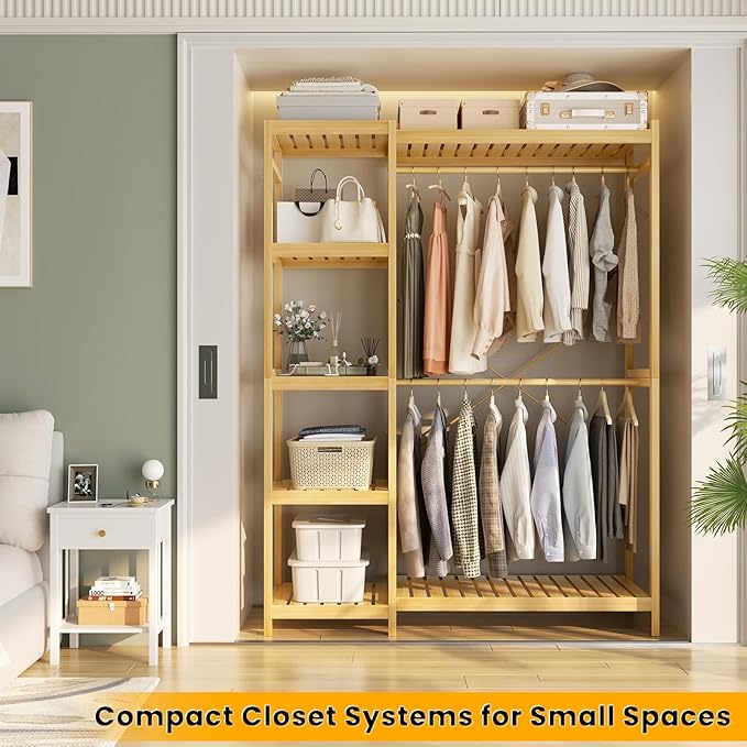 Homykic Bamboo Clothes Rack Garment Rack for Hanging Clothes, Heavy Duty Clothing Rack with 7 Tiers Adjustable Shelves, Double Rods, 4 Hooks, Freestanding Closet System Organizer Wardrobe, Natural