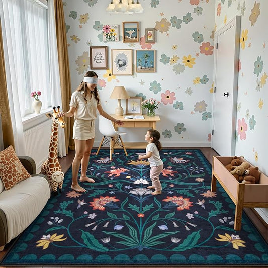 Lahome Boho Floral Washable Dark Blue 6x9 Area Rugs for Living Room, Non Slip Rugs for Bedroom, Indoor Throw Dining Room Carpet for Under Table Home Office Playroom (Dark Blue,6x9ft)