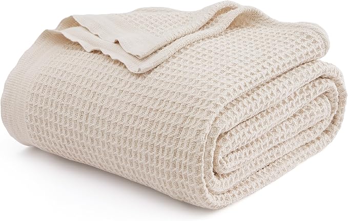 Bedsure Gentlesoft 100% Cotton Blanket Twin XL Size for College Dorm - Breathable and Soft, Waffle Weave Twin Blanket for Summer, Dorm Room Essentials, Light Beige, 66x90 inches