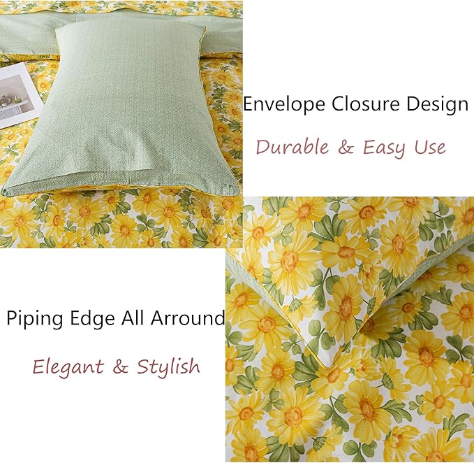 FADFAY Sunflower Duvet Cover Set Queen Vintage Yellow Daisy Floral Bedding Shabby Botanical Comforter Cover Set 100% Percale Cotton Ultra Soft Quilt Cover with Hidden Zipper Closure 3Pcs, Queen Size