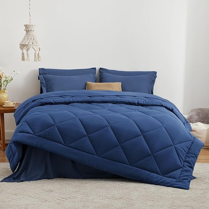 Love's cabin Twin XL Comforter Set Dark Blue, 5 Pieces Twin XL Bed in a Bag, All Season Bedding Sets with 1 Comforter, 1 Flat Sheet, 1 Fitted Sheet, 1 Pillowcase and 1 Pillow Sham