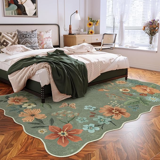 Lahome Floral Living Room Rugs, Area Rugs 5x7 Rug for Bedroom Ultra-Thin Soft Rug, Non-Slip Washable Rugs Stain Resistant Boho Low-Pile Throw Carpet for ‎Dining Room Office (5x7ft,Green)