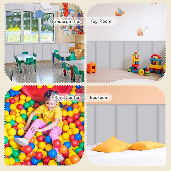 4 Pack Wall Padding for Playroom Peel and Stick Headboard 15.75" x 7.87" x 1.18" 3D Anti Collision Upholstered Wall Panels Self Adhesive Headboard Panel for Protection (Light Gray)