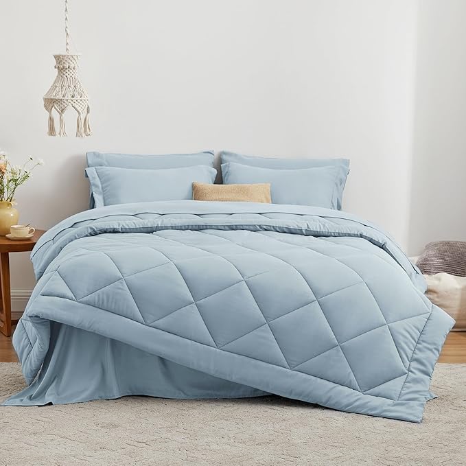 Love's cabin Queen Comforter Set Light Blue, 7 Pieces Queen Bed in a Bag, All Season Bedding Sets with 1 Comforter, 1 Flat Sheet, 1 Fitted Sheet, 2 Pillowcase and 2 Pillow Sham