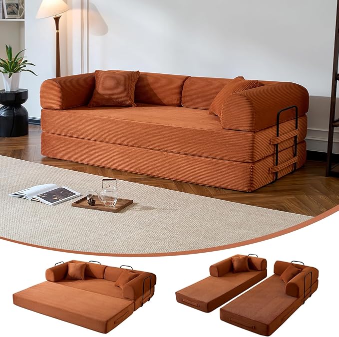 Compressed Sofa, Convertible Sofa Bed, Corduroy Compression Boneless Couch with Pillow, Comfy Modular Foldable Floor Sleeper Sofa for Bedroom, Living Room, Lounge, Studio (Orange)