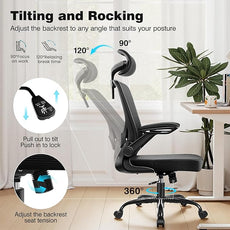 Ergonomic Office Desk Chair, Home Mesh Office Desk Chairs with Adjustable Lumbar Support, Headrest, Flip-up Armrests, High Back Computer Chair for Gaming, Work, Black