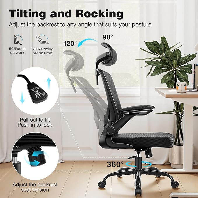 Ergonomic Office Desk Chair, Home Mesh Office Desk Chairs with Adjustable Lumbar Support, Headrest, Flip-up Armrests, High Back Computer Chair for Gaming, Work, Black