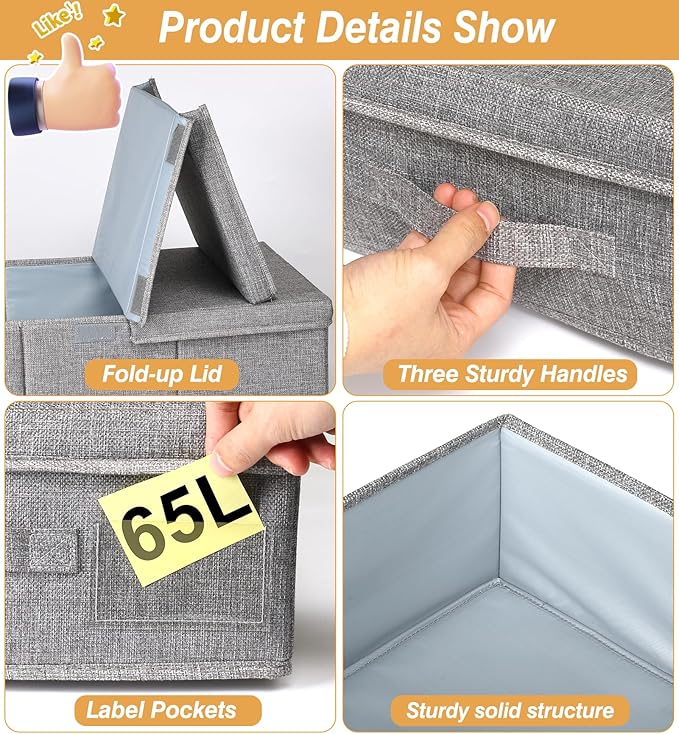 punemi Extra Large Under Bed Storage 65L, 42*16.5*5.8 in Tall underbed storage containers with Lids, Sturdy Closet Organizers and Storage Bins Bags for Blankets Comforter Sweaters Wrapping Paper 2PACK