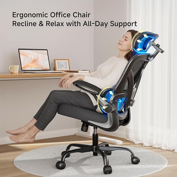 Ergonomic Office Chair, 330 lbs Home Mesh Desk Office Chair with Adjustable Lumbar Support & Headrest, Flip-up Armrests for Long Hours, Black
