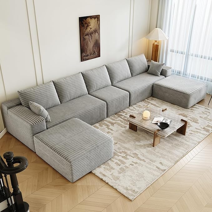 168.5" Modular Sectional Sofa, Oversized U-Shaped Minimalist Couches with 1 Middle Seat and 2 Ottomans Chaise, Modern Deep Seat Convertible Sleeper Sofa, Cloud Plush Corduroy Fabric,7 Seater, Grey