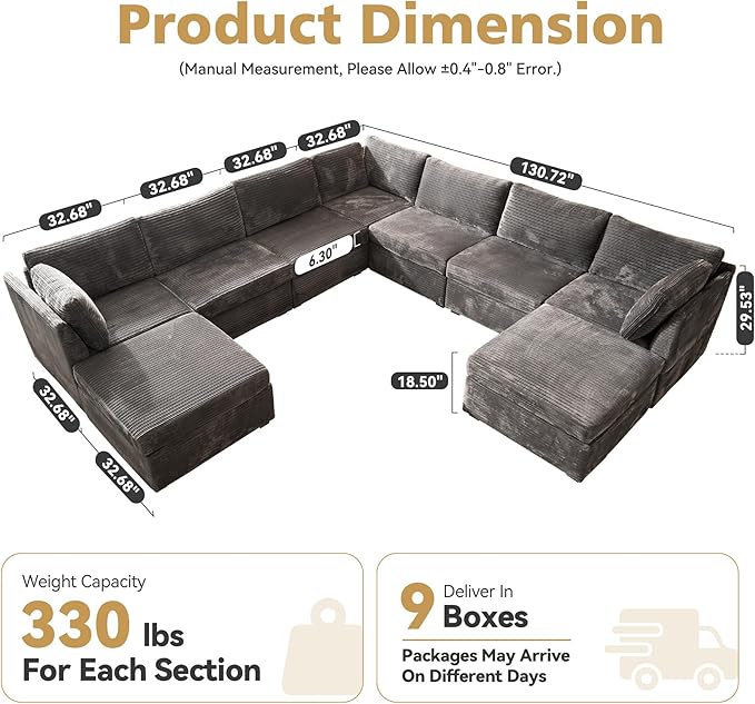 Large 9 Seat Modular Sectional Sofa with Ottoman Seat Corduroy Sleeper Sectional Sofa Bed Oversized Convertible Modular Couch for Living Room