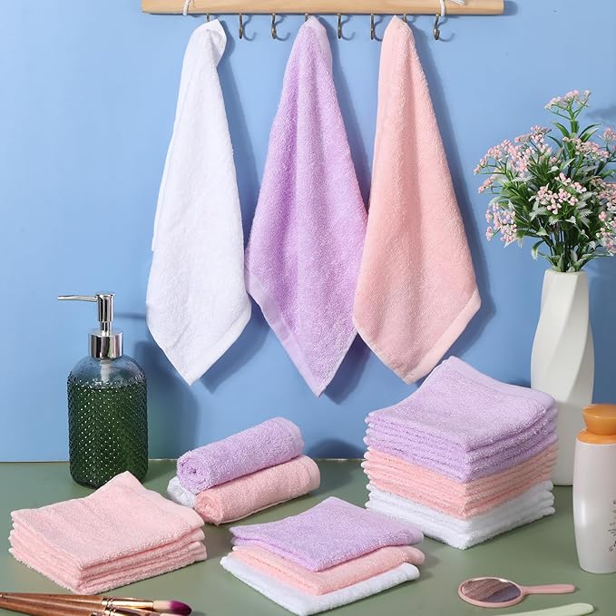Newwiee 40 Pcs Wash Cloth Bulk Cotton Bath Hand Face Washcloths Soft Quick Drying Towel for Women Bathroom Washing Body Viscose Fiber Multipurpose Fingertip Rags (10 x 10 Inch,White, Purple, Pink)
