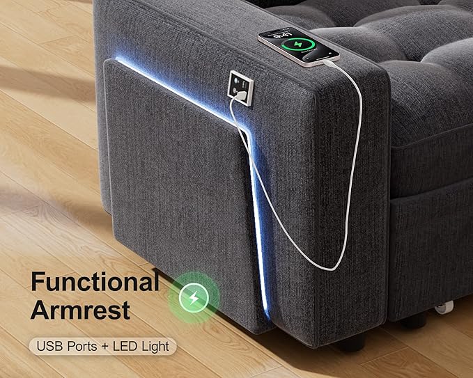 WEUP 8 Seat U Shaped Sectional Sleeper Sofa Bed with Pull Out Bed, Chenille Sectional Sleeper Couch with Adjustable Backrest, USB Ports, LED, Side Table, Tool-Free Assembly, Chenille Dark Grey