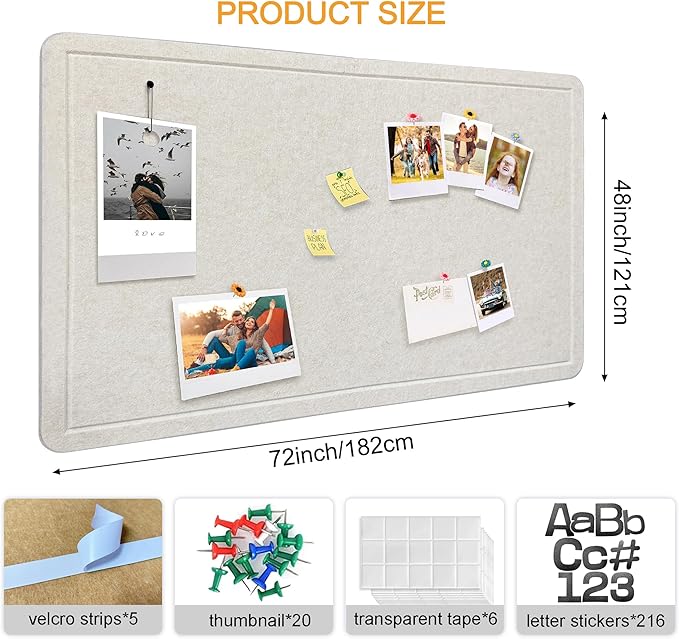 Large Bulletin Board - Foldable 72x48 Inches Cork Board Alternative with 20 Push Pins and 237 Pcs Glitter Letters, 6' x 4' Self-Adhesive Felt Bulletin Board for Wall, Home Office Decor