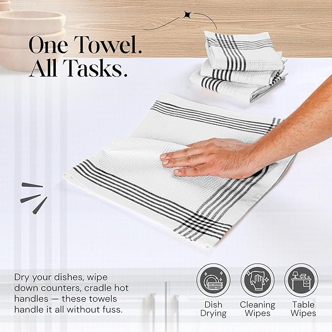 Black and White Kitchen Towels 3 Pack, 16x26 Inch, 100% Cotton Waffle Weave, Super Absorbent, Quick Dry, Reusable Dish Towels for Cleaning, Drying, Cooking, Washing