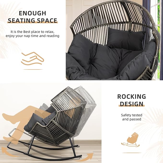Vongrasig Comfy Wicker Rocking Egg Chair, Soft Thick Cushion Rattan Lounge Chair, High Capacity Steel Frame, Reading Chair for Living Room, Bedroom, Dorm Rooms (Black/Rattan)