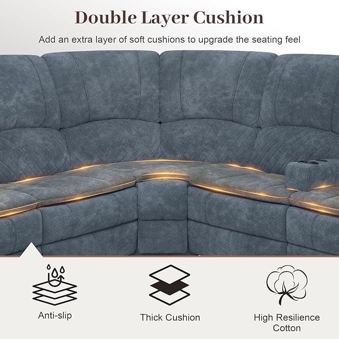 Manual Reclining Sectional Sofa Set, 5 Seats Soft Fabric Recliner Corner Sectional Couch, Family-Sized L-Shaped Recliner Couch with USB Charging, Thickened Padding, Sturdy Frame, Blue