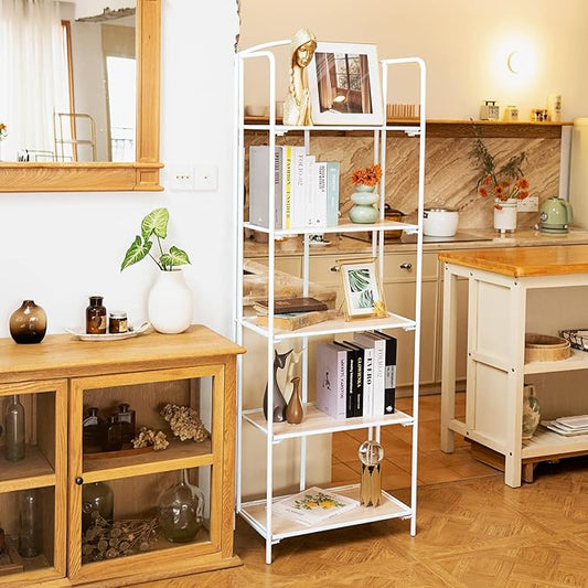 Crofy No Assembly Folding Bookshelf for Living Room, 5 Tier White Collapsible Book Shelf for Home Office, Portable Bookcase Storage Organizer