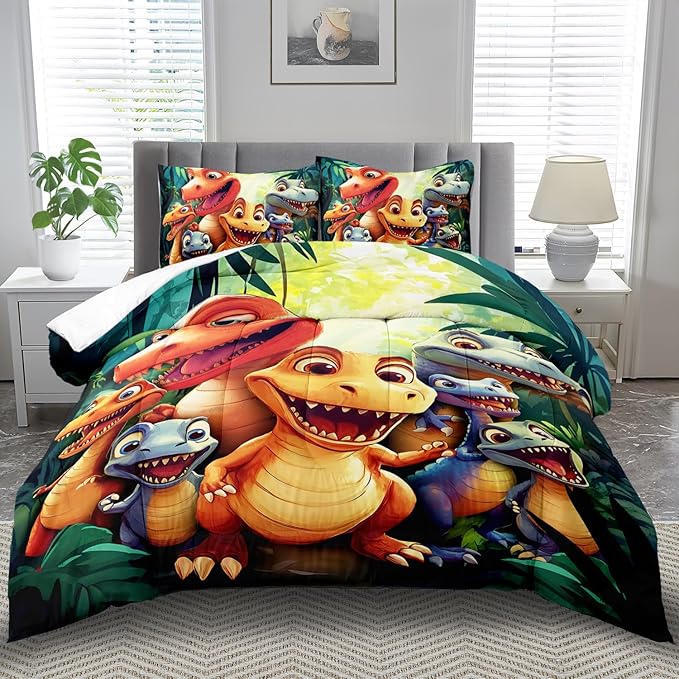 Dinosaur Comforter Set Full Boys,Cartoon 3D Dinosaur Bedding Set Full Bed Kids,3D Dragon Comforter Dragon Quilt Pattern Bedroom Decor,Cute Animal Bedding Kawaii Animal Quilt Girls