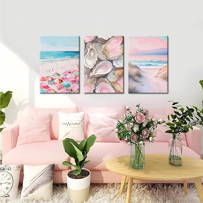 Preppy Coastal Canvas Wall Art Set of 3, Trendy Pink Beach Wall Decor Paintings, Summer Beachy Shells Oyster Aesthetic Posters Prints Pictures for Girls Room Dorm Bathroom Bedroom 16x24 Inch Framed