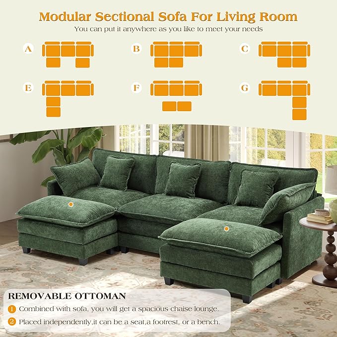 113.4" Modular Sectional Sofa,U Shaped Couch for Living Room,Modern Deep Seat Sofa 3 Seater Chenille Fabric Comfy Cloud Couches with Throw Pillows & Movable Ottoman