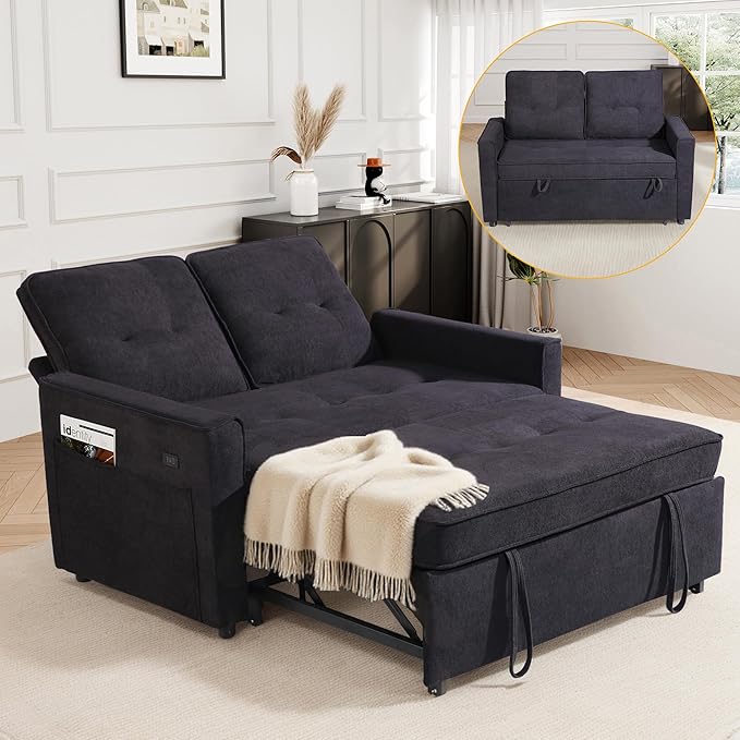EJUNQ Pull Out Couch, Convertible Sofa Bed with USB and Reclining Backrest, Modern 3 in 1 Sleeper Sofa Couch Bed with Side Pockets, Comfortable Loveseat Sleeper for Small Spaces.(Black)