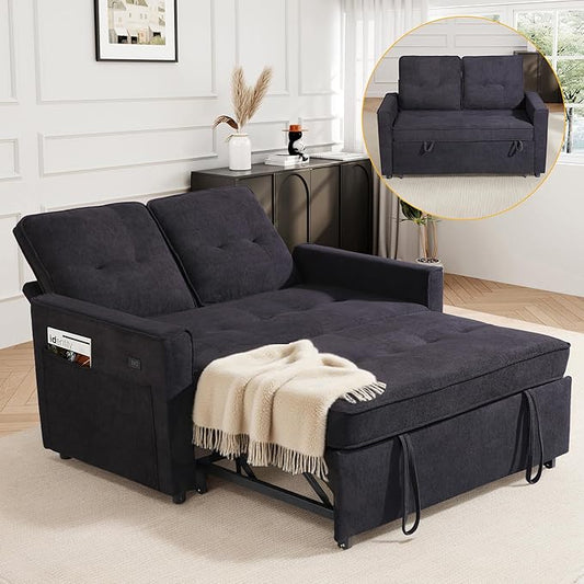 EJUNQ Pull Out Couch, Convertible Sofa Bed with USB and Reclining Backrest, Modern 3 in 1 Sleeper Sofa Couch Bed with Side Pockets, Comfortable Loveseat Sleeper for Small Spaces.(Black)