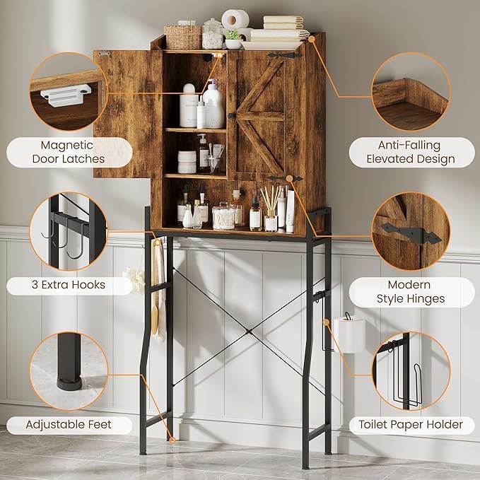 Over The Toilet Storage Cabinet, Over Toilet Organizer with 2-Door & Metal Stand, Bathroom Organizers and Storage with Adjustable Shelves for Bathroom, Restroom, Laundry, Rustic Brown