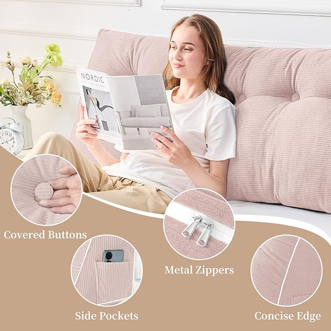 Sasttie Headboard Pillow Twin/Twin XL, Wedge Pillow Headboard for Dorm, Triangular Daybed Backrest Cushion for Sitting or Reading in Bed, with Removable Washable Cover, Light Pink