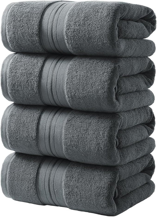 REDKISS 100% Cotton Bath Towels Set of 4, Extra Large Bath Sheets 27 X 59 Inches, 600 GSM, Quick Dry, Ultra Soft & Super Absorbent Bathroom Towel Sets for Bathroom, Gym, Spa, Pool & Hotel, Dark Grey