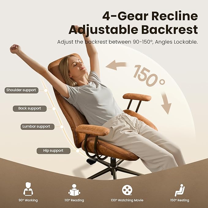 Home Office Desk Chair, Mid-Century Modern Office Chair with Adjustable Lumbar Support, Adjustable Height Executive Task Chair with 360 Rolling Swivel for Meeting Study Room(High Back, Brown)