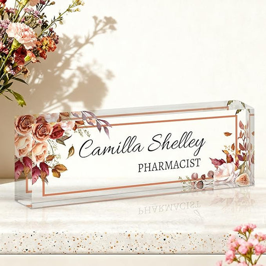 Ship Next Day-Custom Name Plate for Desk, Desk Name Plate Personalized, Acrylic Office Desk Accessories, Appreciation Gifts for Coworkers Employee Boss Teachers Women Men (Rose)