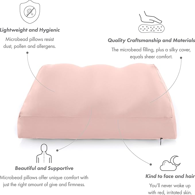 PILLOWY Premium Microbead Bed Pillow, Medium Extra Fluffy But Supportive - Ultra Comfortable Sleep with Silk Like Anti Aging Cover 85% Spandex/ 15% Nylon Breathable, Cooling Cream Peach