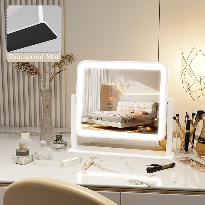 ROLOVE Vanity Mirror with Lights, 14"×12" LED Makeup Mirror, Lighted Makeup Mirror with Lights, Smart Touch Control 3 Colors Dimmable, Lighted Up Mirror for Makeup Desk, Bedroom, Women Gift