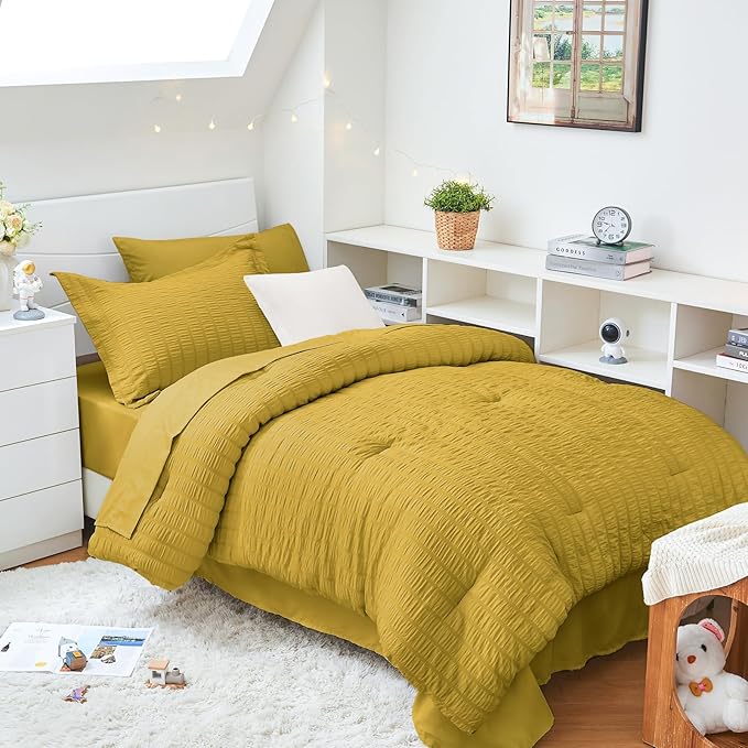 HYMOKEGE Mustard Yellow Twin XL Comforter Set Seersucker 5 Pieces, All Season Luxury Bed in a Bag for Bedroom, Bedding Set with Comforter, Sheets, Pillowcase & Sham