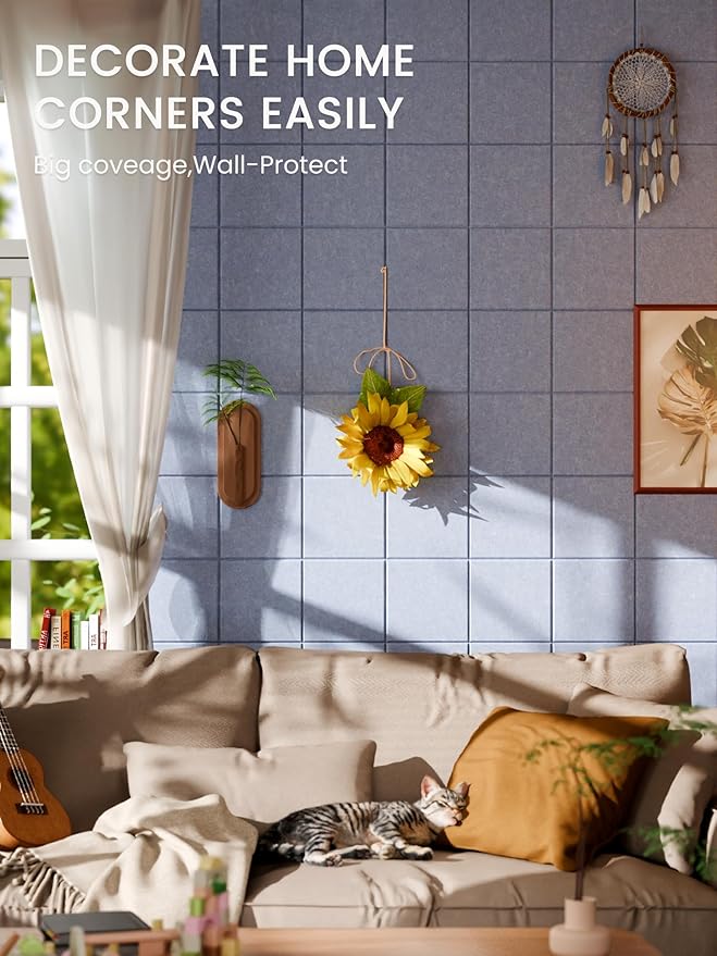 Bumusty Large Cork Board Alternative-47 x35 Felt Bulletin Board Tiles, with 30 Pushpins, 70 Adhesive Tabs, 12-Pack Slat Wall Paneling, Cork Boards for Office Push Pin Board Felt Board-Soft Periwinkle